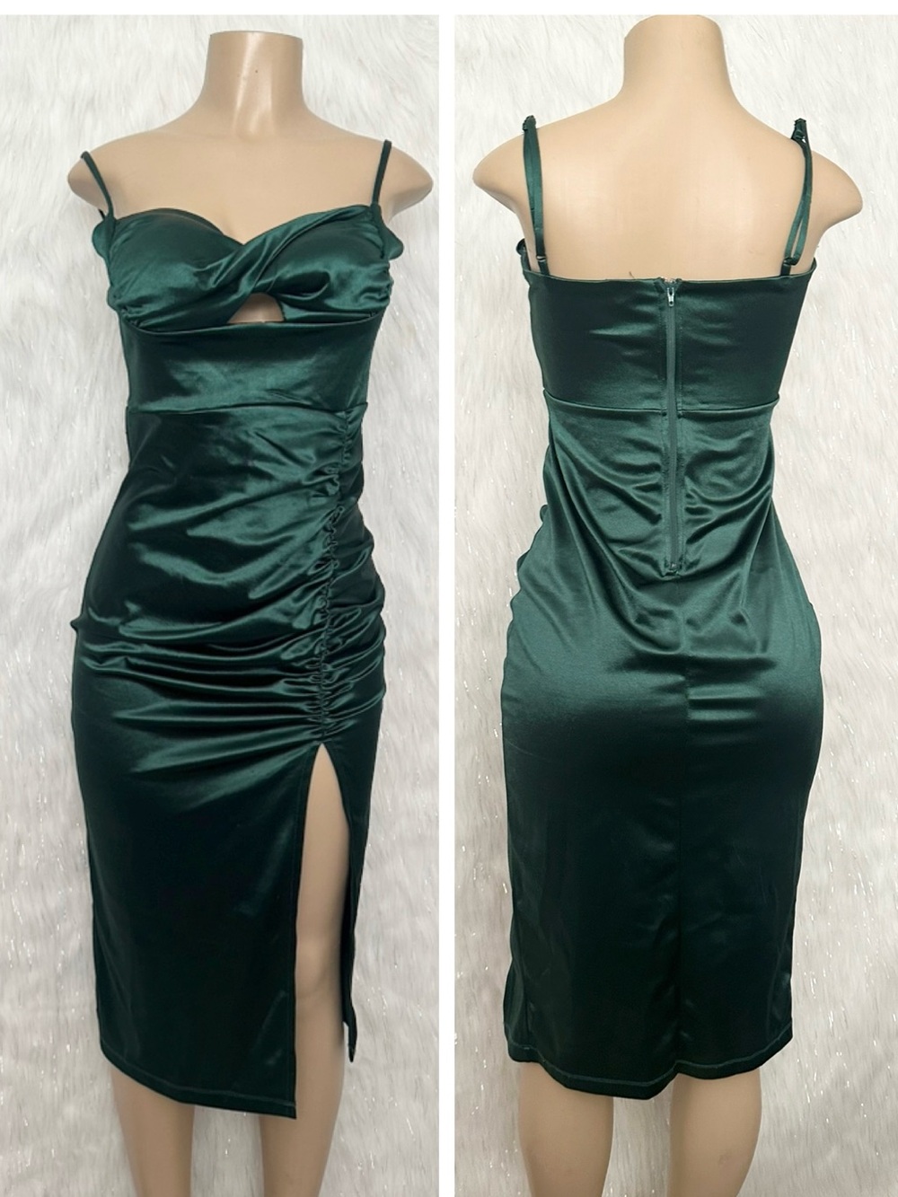 Windsor Dark Emerald Satin Ruched Midi Dress with Side Slit